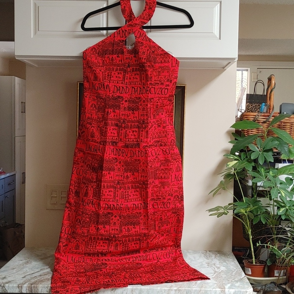 Vintage Strapless Fitted Long Red Black Print Cotton Dress Choker Neck Vintage